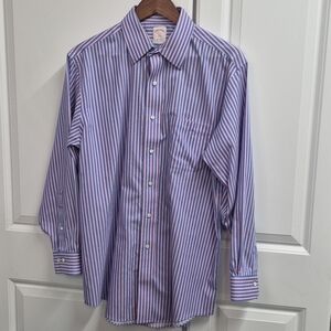Brooks Brothers Blue and Pink Striped Button Down Long Sleeve Men's Shirt, 15.5